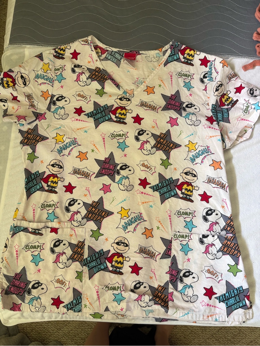 Peanuts Snoopy & Charlie Brown White Multicolor Scrub Top